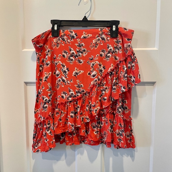 Topshop Mini Skirt with ruffle, coral with floral print, 10, NWOT - Picture 2 of 8